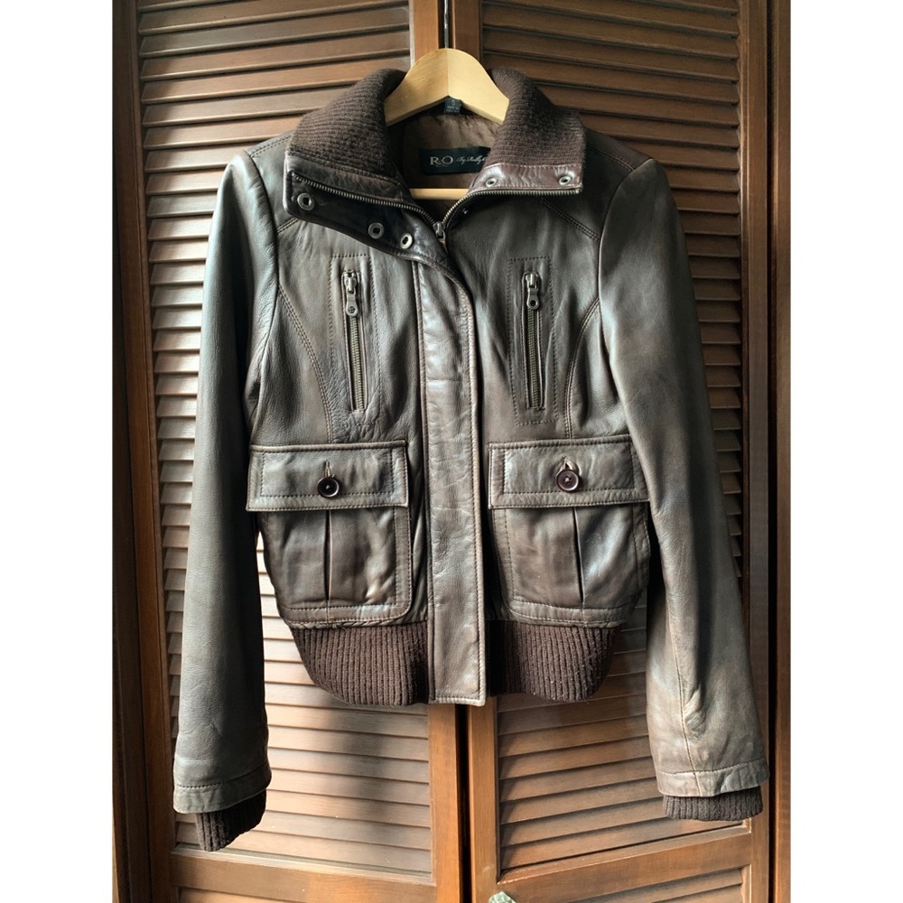 Cute brown leather bomber jacket